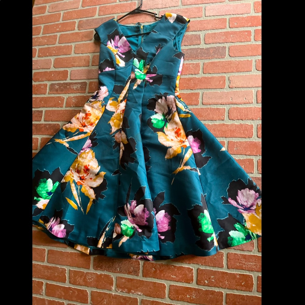 Spring Fit and Flare Dress! A Line, emerald green with floral print.